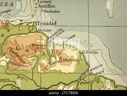 Eine alte/antike geographische Karte in Sepia von Südamerika, die die Nordküste und Trinidad zeigt. Stockfoto