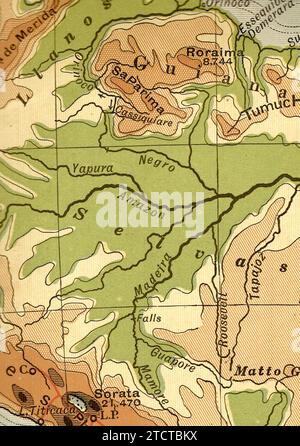 Eine alte/antike geographische Karte in Sepia von Südamerika, die den Amazonas zeigt. Stockfoto