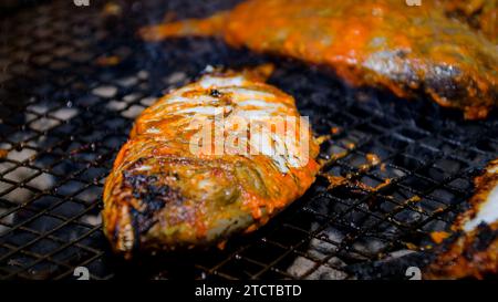 Heißer Makrelenfisch auf einer Grillpfanne, mit Kräutergewürzen auf Kohlefeuer in Trincomalee sri lanka. Stockfoto