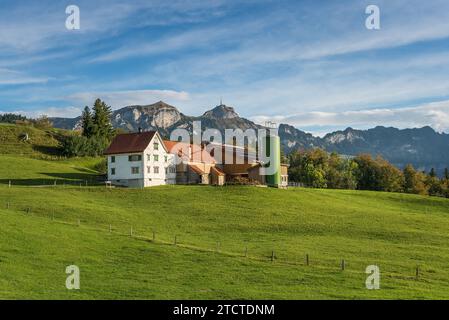 Einsamer Bauernhof in den Appenzeller Alpen, Blick auf das Alpsteingebirge mit hohem Kasten, Kanton Appenzell Innerrhoden, Schweiz Stockfoto