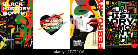 Abstraktes Posterset mit Grafik für den Black History Month. Afroamerikanische Bürgerrechte und Kultur feiern. Moderner Kunstdruck mit einer Person in Farbe. Afrika-Mann und -Frau auf afro-Flaggenfarben Muster. Vektor Stock Vektor