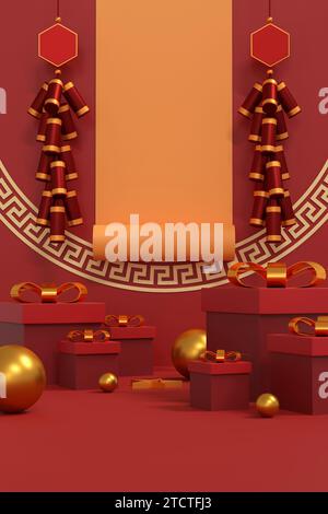 Freuen Sie sich auf Wohlstand im Jahr 2024! Heben Sie die Designs mit dem roten und goldenen Charme des Jahres des Drachen auf, der Wohlstand und kulturellen Reichtum symbolisiert. Luxuriöses 3D Stockfoto