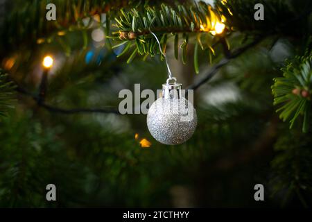 Augsburg, Bayern, Deutschland - 13. Dezember 2023: Christbaumkugel und Schmuck an einem Weihnachtsbaum zu Weihnachten *** Christbaumkugel und Schmuck an einem Weihnachtsbaum zu Weihnachten Stockfoto