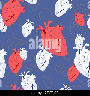 Nahtloses Muster realistischer weißer und roter Herzen auf blauem Hintergrund. Stock Vektor