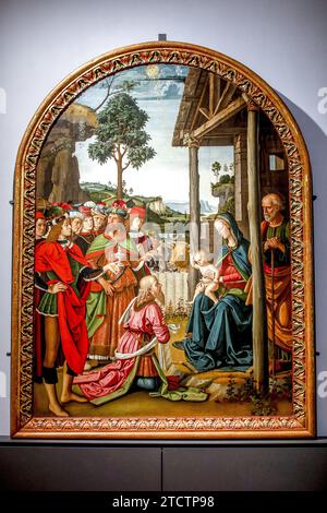 Galleria Nazionale dell’Umbria, Perugia, Umbrien, Italien Pietro di Cristoforo Vannucci, genannt Il Perugino, Anbetung der Könige, um 1475 Stockfoto