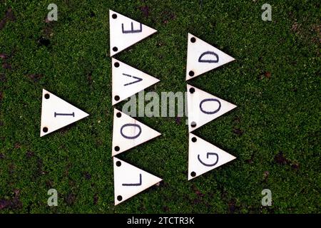 Hölzerne Buchstaben, die das Wort GOTT bilden. Ich liebe Gott. Christliches Symbol. Stockfoto