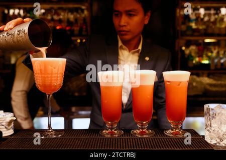 Elephant Bar im Raffles Hotel Le Royal. Der berühmte Singapore Sling Cocktail. Stockfoto