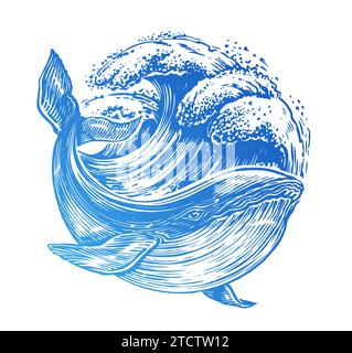 Schwimmende große Wale und Meereswellen. Emblem in Form eines Kreises zum Thema Abenteuer auf See, Reisen und Entdeckungen Stock Vektor