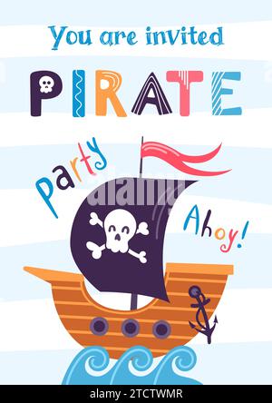 Vorlage für Parteinladungen. Holzpiratenschiff mit Zeichentrickfilm. Schwarze Fahne mit fröhlichem roger, lustiger Schrift. Schädel und Knochen. Vektor-Illustration für Spieleentwickler Stock Vektor