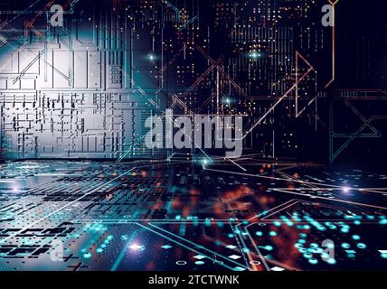 Futuristische Struktur mit Linien und Würfeln und geometrischen Formen.3D-Abbildung. Stockfoto