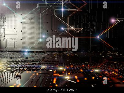 Futuristische Struktur mit Linien und Würfeln und geometrischen Formen.3D-Abbildung. Stockfoto