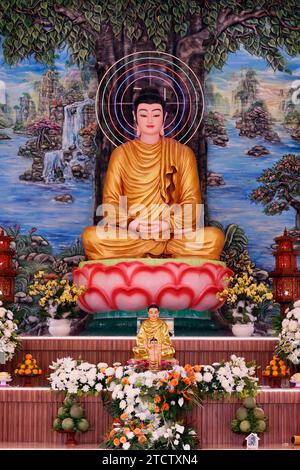 Phuoc Hue buddhistische Pagode. Shakyamuni Buddha sitzt in der Meditationsposition unter dem Bodhi-Baum. Vietnam. Stockfoto