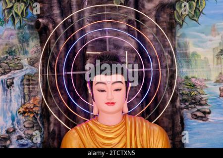 Phuoc Hue buddhistische Pagode. Shakyamuni Buddha sitzt in der Meditationsposition unter dem Bodhi-Baum. Vietnam. Stockfoto