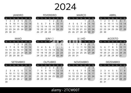 portugiesischer Kalender 2024. Einfache Vektorvorlage Illustration für Portugal. Horizontal. Planen Sie Ihr Jahr Stock Vektor