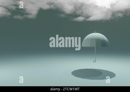 3D-Darstellung von blauem Regenschirm und sich abzeichnenden Sturmwolken Stockfoto
