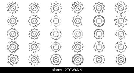 Zahnradsymbole. Symbol „Gänge einstellen“. Sammlung mechanischer Zahnräder. Einfache Sammlung von Zahnrädern. Silhouette der Zahnradsymbole. Abbildung mit Stock Vektor