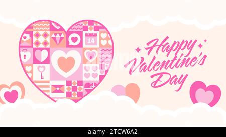 Happy Valentine's Day Banner mit dekorativem geometrischem Herz und Wolken. Design in Pastellfarben. Vektorabbildung Stock Vektor