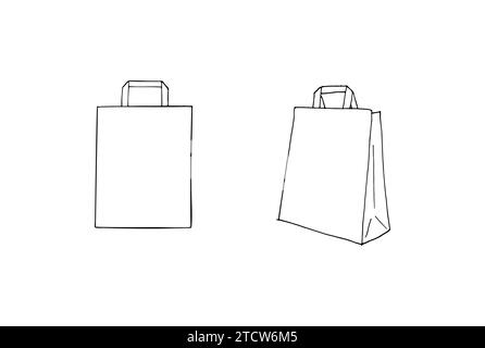 Lieferung Papiertüten Set. Skizze einer Papiertüte für Lebensmitteleinkäufe. Lunchpaket. Papiertüte mit Griffen. Vektor-handgezeichnete Illustration isol Stock Vektor