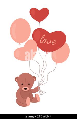 Teddybär mit Ballons. St. Valentinstag. Vektorillustration auf weißem Hintergrund. Stock Vektor