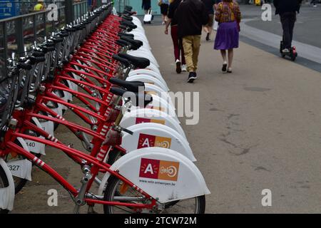 Lange Reihe von Leihfahrrädern mit dem Antwerpener Stadtlogo „A“ in der Nähe des Antwerpener Hauptbahnhofs Stockfoto