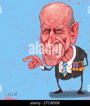 Satirische Karikatur-Zeichentrickkunst, Prinz Philip, Duke of Edinburgh, Philip Mountbatten, Ehemann und Gemahlin der britischen Monarchen Königin Elisabeth II Stockfoto