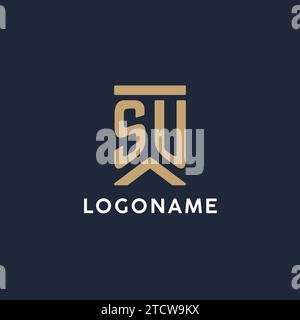 SU Initial Monogramm-Logo im rechteckigen Stil mit geschwungenen Seitentexten Stock Vektor