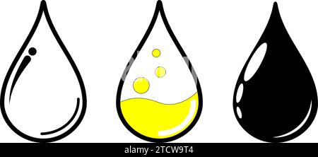 Symbol „Ablegen“. Tropfen Wasser, Sonnenblumenöl und Erdöl. Symbol für schwarze Linie des Flüssigkeitstropfens. Einfacher Umrissstil. Stilisiertes Piktogramm für Webdesign oder m Stock Vektor