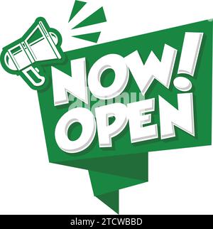 Hinweis jetzt geöffnet. Vorlagenschild mit Megaphon für Eingangstür oder Web. Eröffnungsfeier. Vektor auf transparentem Hintergrund Stock Vektor