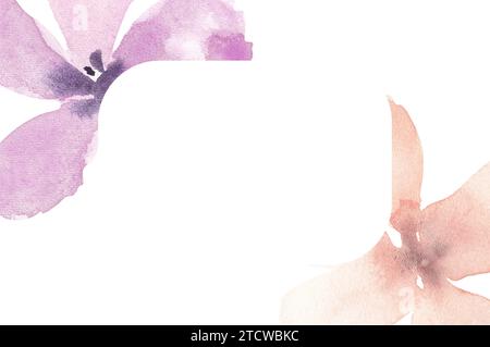 Pastellfarbene, violette und beige pfirsichfarbene Blumensortiment in lockeren Aquarellen. Blumenrahmen isoliert auf weißem Hintergrund, Banner Stockfoto