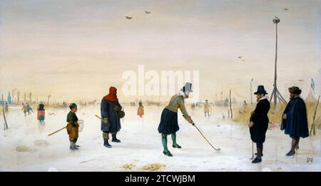 GOLF AUF DEM EIS des niederländischen Künstlers Hendrick Avercamp (1585–1634), gemalt 1625 Stockfoto