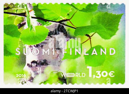 MOSKAU, RUSSLAND - 19. NOVEMBER 2023: In Finnland gedruckte Briefmarke zeigt Visitenkarten aus Finnland, Serie, um 2016 Stockfoto