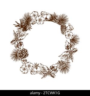 Weihnachtskranz, Verkaufsbanner. Tannenzweige, Kegel, Weihnachtsstern. Neujahrskarte. Vektor. Winterverkauf, Neujahrskarten, Einladungen, Flyer, Tickets. Stock Vektor