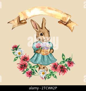 Osterhase. Postkarte mit Hase und Osterkuchen, Banner zum Einfügen von Text. Vektor. Klee und Kamillenblüten. Einladungen, Flyer, Banner. Stock Vektor