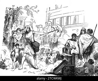 Illustration des Abgangs der Israeliten (Exodus) aus der antiken Bibel des 19. Jahrhunderts Stockfoto