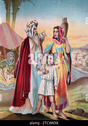 Illustration von Abraham, der Hagar und seinen Sohn Ismael aufgibt, während seine Frau Sarah und sein Sohn Isaac sich ansehen (Genesis) Stockfoto
