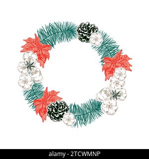 Weihnachtsstern, Baumwolle, Tannenzweig, Tannenzapfen. Weihnachtskranz. Vektorabbildung. Dekor für Verkaufsbanner, Karten, Einladungen, Etiketten, Umschläge. Stock Vektor