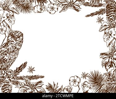 Weihnachtskarte, Werbebanner. Eule, Tannenzweige, Baumwolle. Neujahrskarte. Vektor-Illustration für Dekor der Winterverkäufe, Neujahrskarten, Einladungen. Stock Vektor