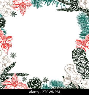 Weihnachtskarte, Werbebanner. Tannenzweige, Kegel, Weihnachtsstern, Eule. Neujahrskarte. Vektor. Winterverkauf, Neujahrskarten, Einladungen, Flyer, Flugblätter. Stock Vektor