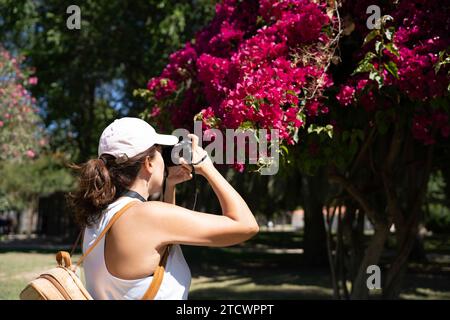 Eine junge Frau mit Mütze und Rucksack macht an einem sonnigen Tag ein Foto mit einer Reflexkamera von lila Blumen auf einem Baum. Freizeitkonzept Stockfoto