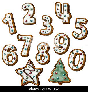 Zahlenset von süßen Keksen und Zahlen von Ingwerkeksen. Glasierte Cracker in Form eines Datumsschildes im Cartoon-Stil isoliert auf einem weiß Stock Vektor