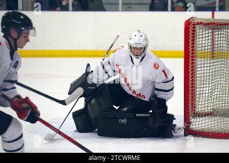 Dumfries, 14. Dezember 2023. Danylo Douma spielte 2024 in einer IIHF Eishockey U20 Weltmeisterschaft, Division II, Gruppe A im Dumfries Ice Bowl im Tor für die Niederlande gegen Korea. Quelle: Colin Edwards/Alamy Live News. Stockfoto