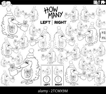 Zeichentrickillustration des Lernspiels des Zählens links und rechts orientierter Bilder von Igel Tiercharakter mit Weihnachtsgeschenken Malseite Stock Vektor