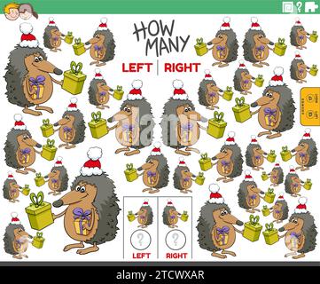 Cartoon-Illustration eines Lernspiels zum Zählen links- und rechtsorientierter Bilder von Igeltiercharakter mit Weihnachtsgeschenken Stock Vektor