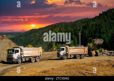 Der Bagger lädt zerkleinerten Stein in einen Muldenkipper. Laden von Steinen auf einen Lkw mit einem Bagger im Wald. Stockfoto