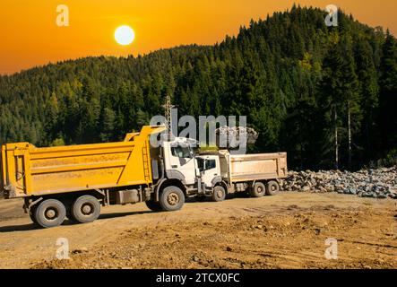 Der Bagger lädt zerkleinerten Stein in einen Muldenkipper. Laden von Steinen auf einen Lkw mit einem Bagger im Wald. Stockfoto