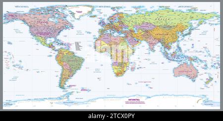 Türkische Sprache politische Weltkarte Äquirechteckige Projektion Stock Vektor