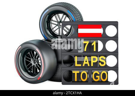 Österreichischer Rennsport, Boxbrett mit Flagge Österreichs und Rennräder mit verschiedenen Verbundreifen. 3D-Rendering isoliert auf weißem Hintergrund Stockfoto