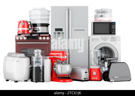 Set von Küchengeräten. Toaster, Wasserkocher, Mixer, Gasherd, Waschmaschine, Mixer, Joghurtmaschine, Dampfgarer, Entsafter, Kühlschrank, Mikrowelle, Mahlen Stockfoto