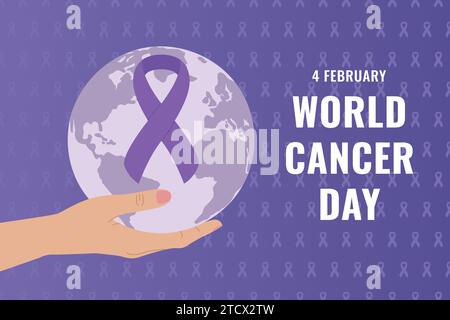 Weltkrebstag 4. Februar. Die weibliche Hand hält den Globus mit violettem Band. Poster zur Krebsvorsorge. Handgezeichnete Vektorgrafik Stock Vektor