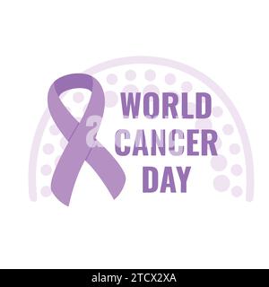 Illustration zum Weltkrebstag vom 4. Februar. Lila Krebsband mit Regenbogen. Krebsprävention und Gesundheitsposter. Handgezeichnete Vektorgrafik Stock Vektor